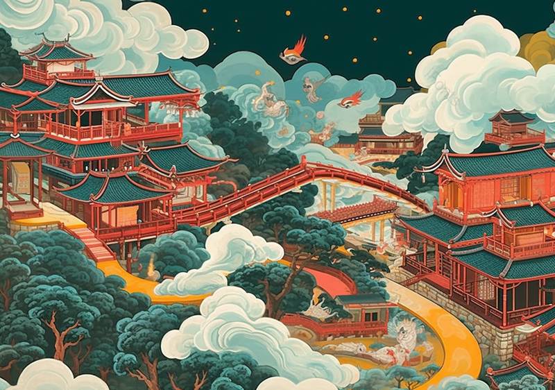 中国风国潮祥云下的小桥流水古式建筑楼阁,插画/手绘图,插画/手绘图库,插画/手绘图下载,插画/手绘